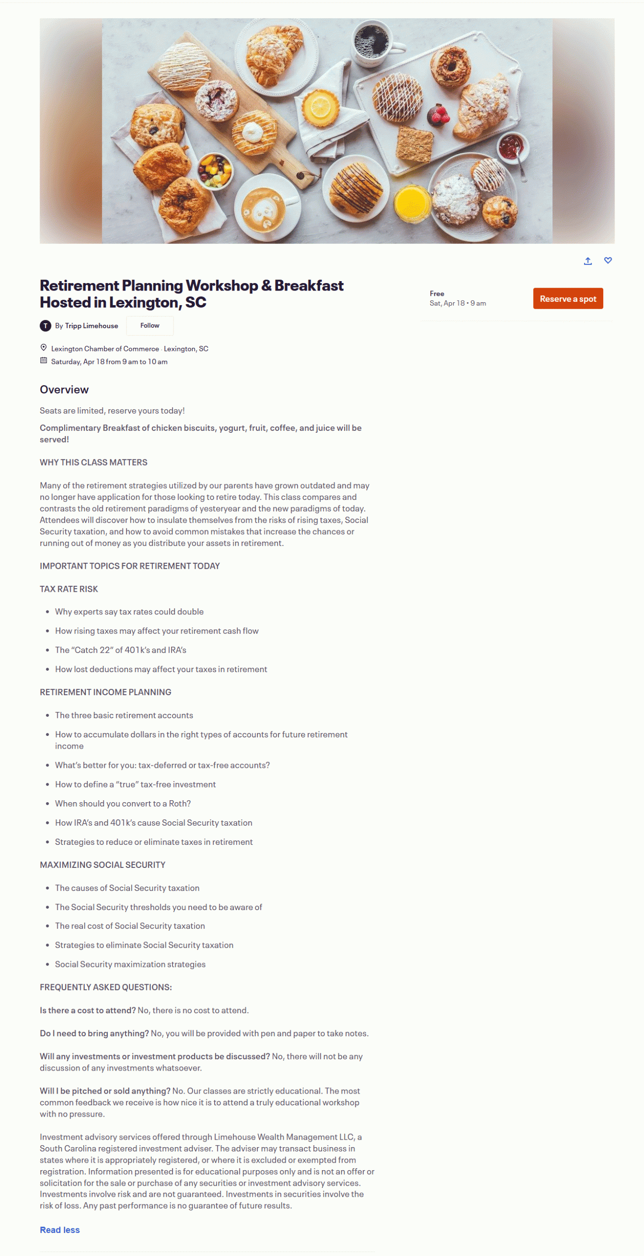 Event flyer: Retirement Planning Workshop and Breakfast Hosted in Lexington, SC