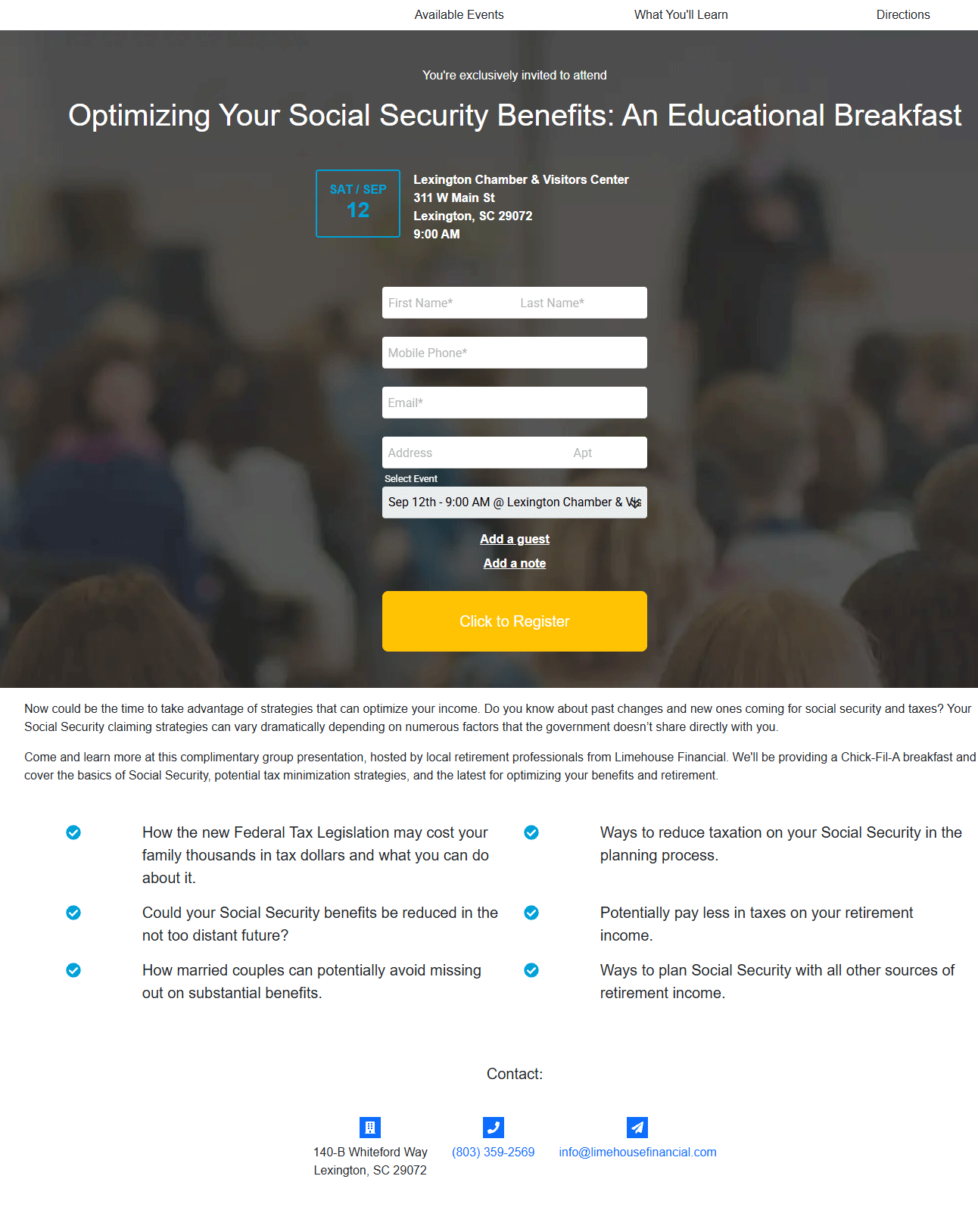 Optimizing Your Social Security Benefits educational breakfast invitation from Limehouse Financial