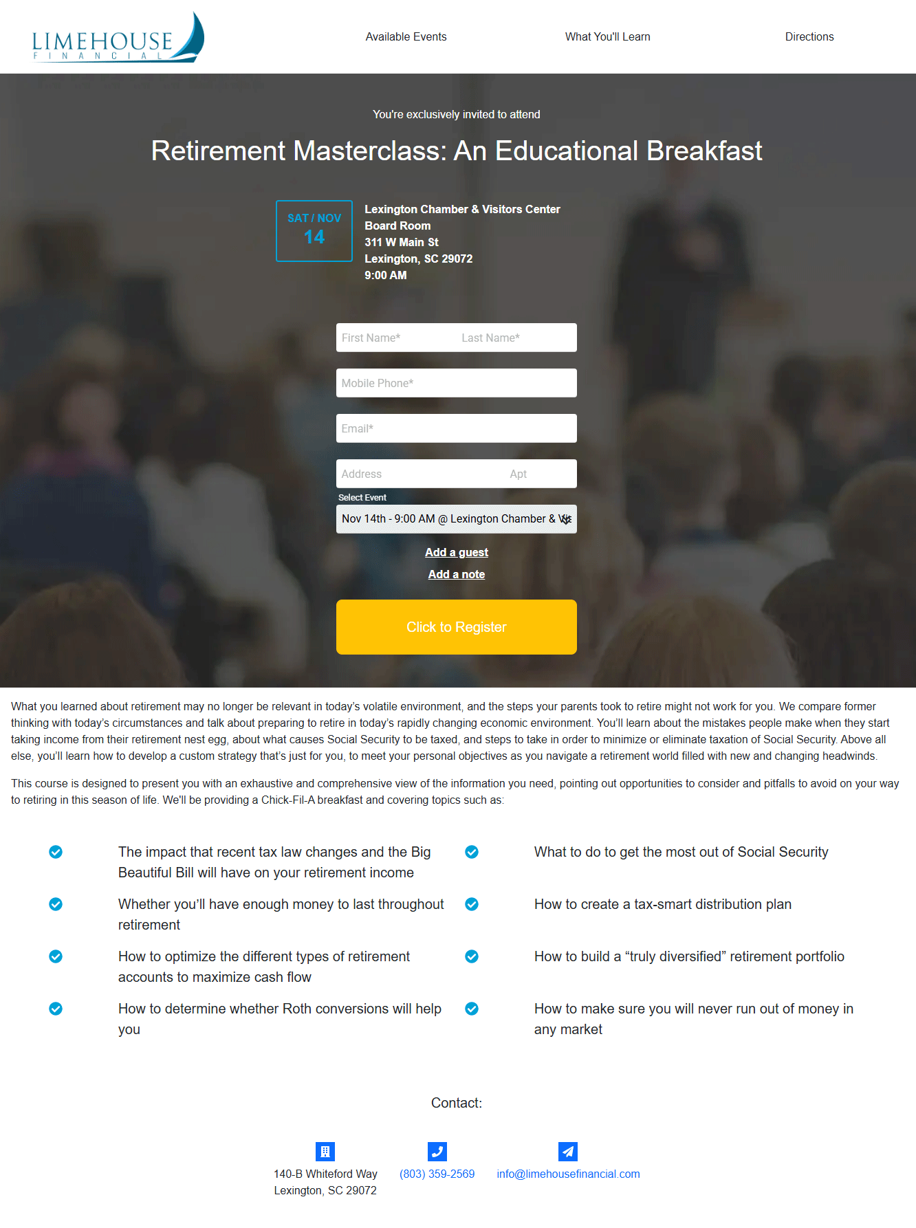 Retirement Masterclass educational breakfast invitation for November 14, 2026 at 9:00 AM in the Board Room at Lexington Chamber and Visitors Center