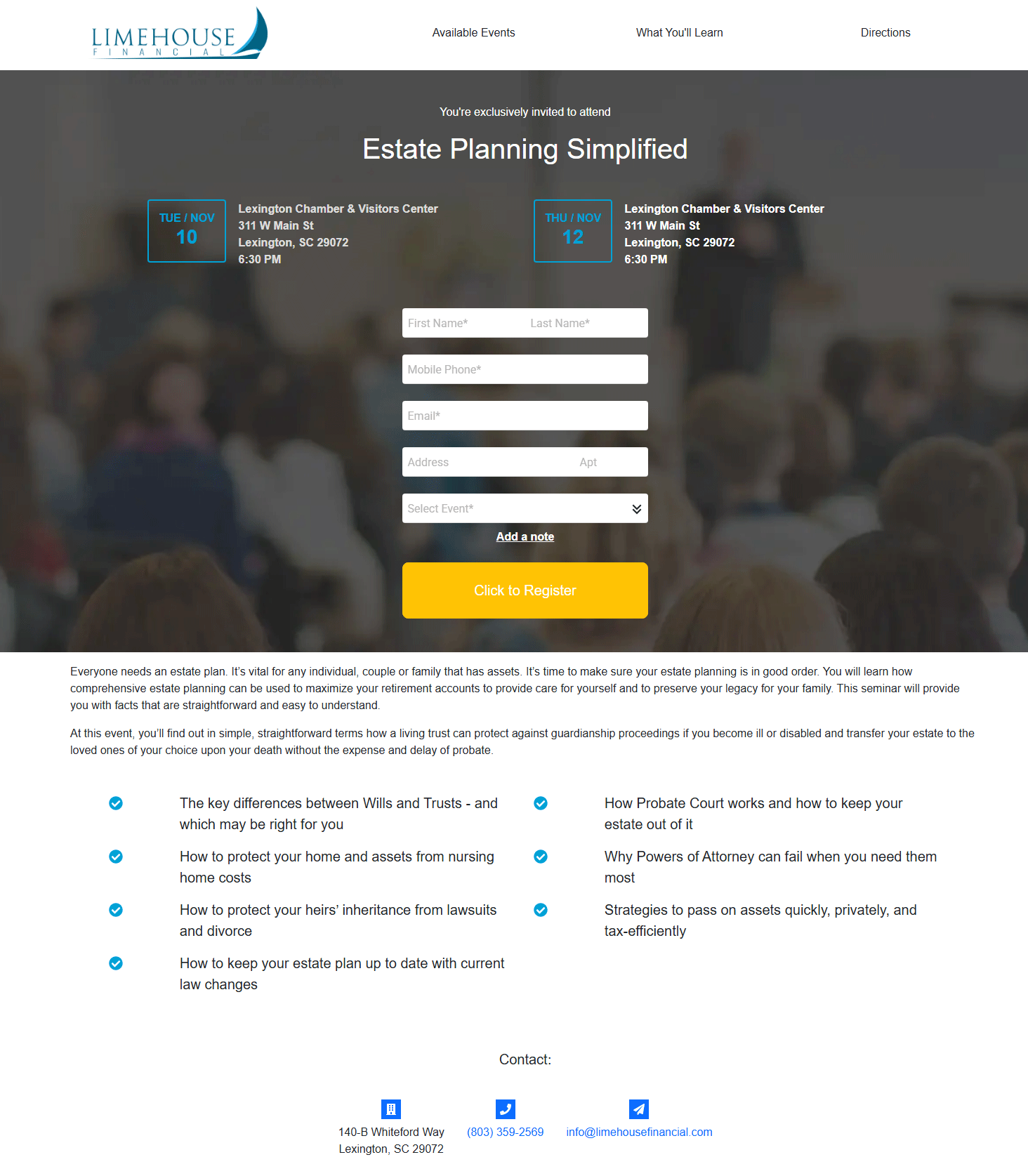 Estate Planning Simplified event invitation from Limehouse Financial